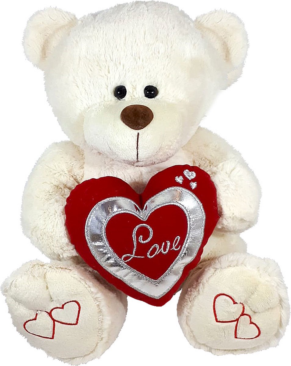 Teddybeer Wit Bella met Hart Love (Rood/Zilver) 40 cm | Speelgoed knuffeldier knuffelbeer voor kinderen jongens meisjes | Teddy beer - Bear - Beer - Knuffelbeer - Bear - Knuffel Beer - Teddy Beer - Knuffels - Bear Plush Toy